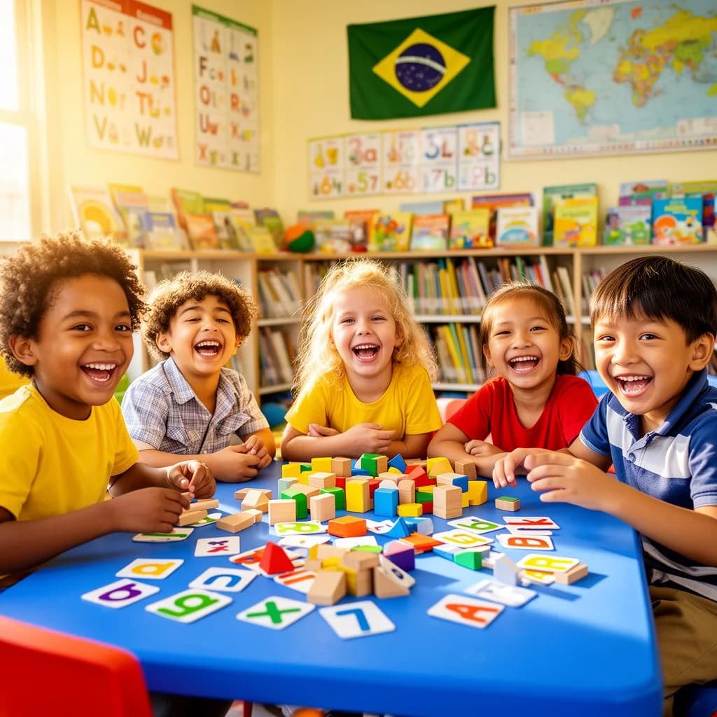 Crianças em sala de aula usando recursos de alfabetização