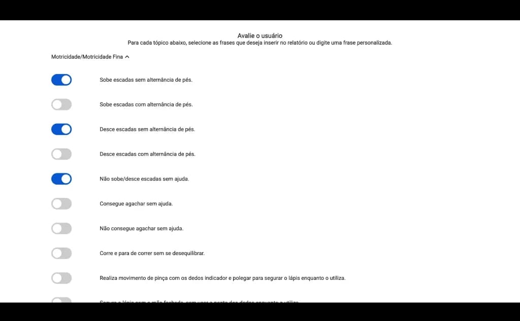 Tela de avaliação com lista de habilidades e toggles